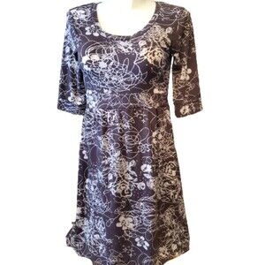 Prana Brown Floral Dress Jersey Scoop Neck 3/4 Sleeve Banded Waist Size L